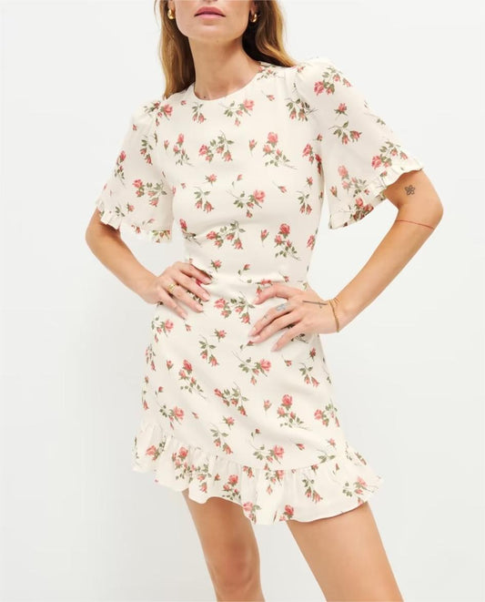 French Pastoral Fresh Floral Slim Fitting Stringy Selvedge Lace-up Dress Rose Printed Short Dress Bella Mia