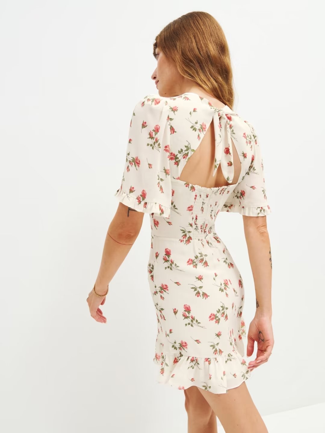 French Pastoral Fresh Floral Slim Fitting Stringy Selvedge Lace-up Dress Rose Printed Short Dress Bella Mia