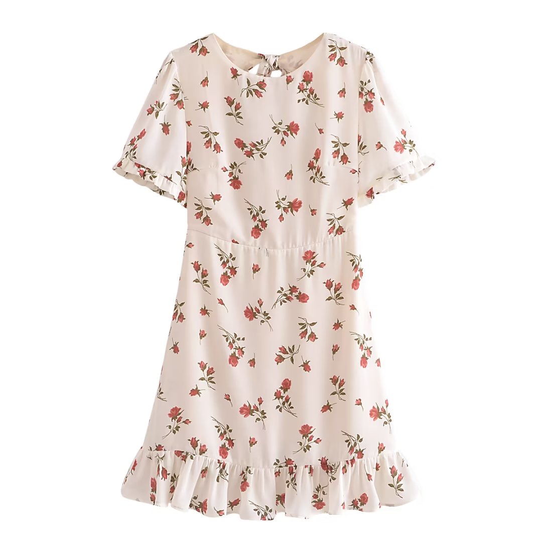 French Pastoral Fresh Floral Slim Fitting Stringy Selvedge Lace-up Dress Rose Printed Short Dress Bella Mia