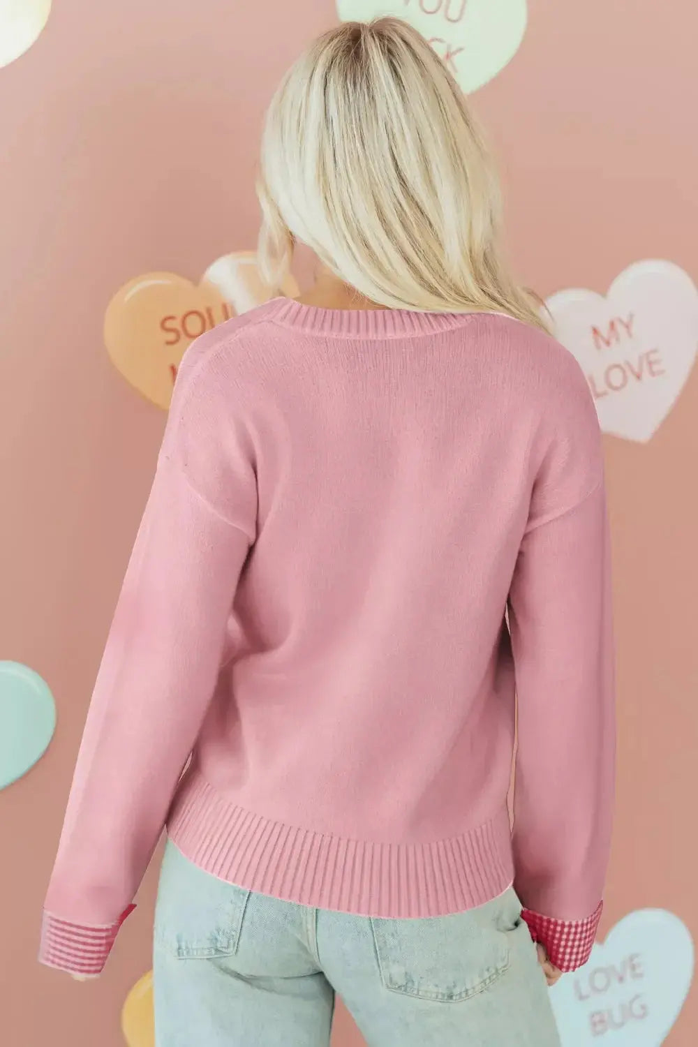 Plaid Heart Embroidered Cuffed Drop Shoulder Crew Neck Sweater Simply Love