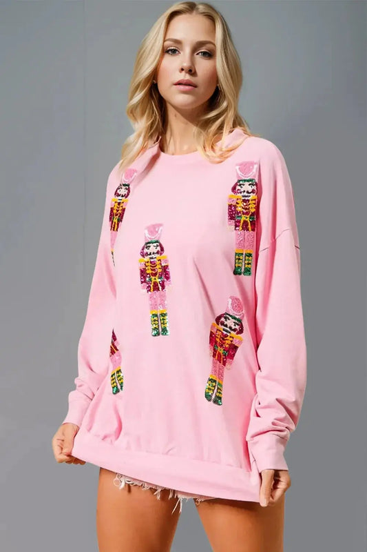Double Take Sequin Nutcracker Round Neck Long Sleeve Sweatshirt - Love Salve