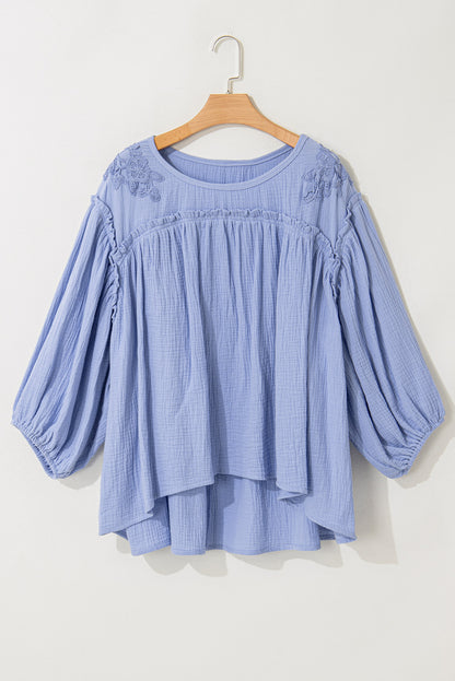 Elegant plus size crochet detail babydoll blouse in beau blue