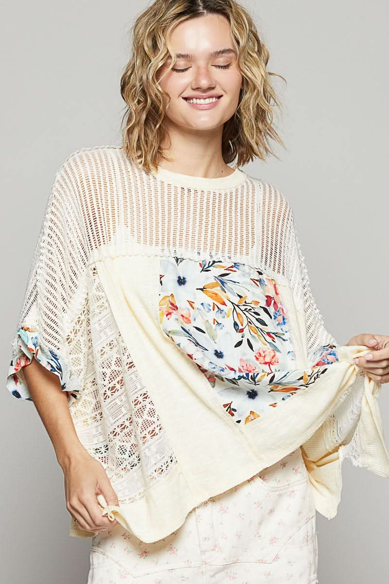 Floral Lace Hollow Out Knit Top with Half Sleeves