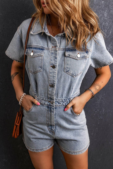 Collared Neck Short Sleeve Denim Romper.