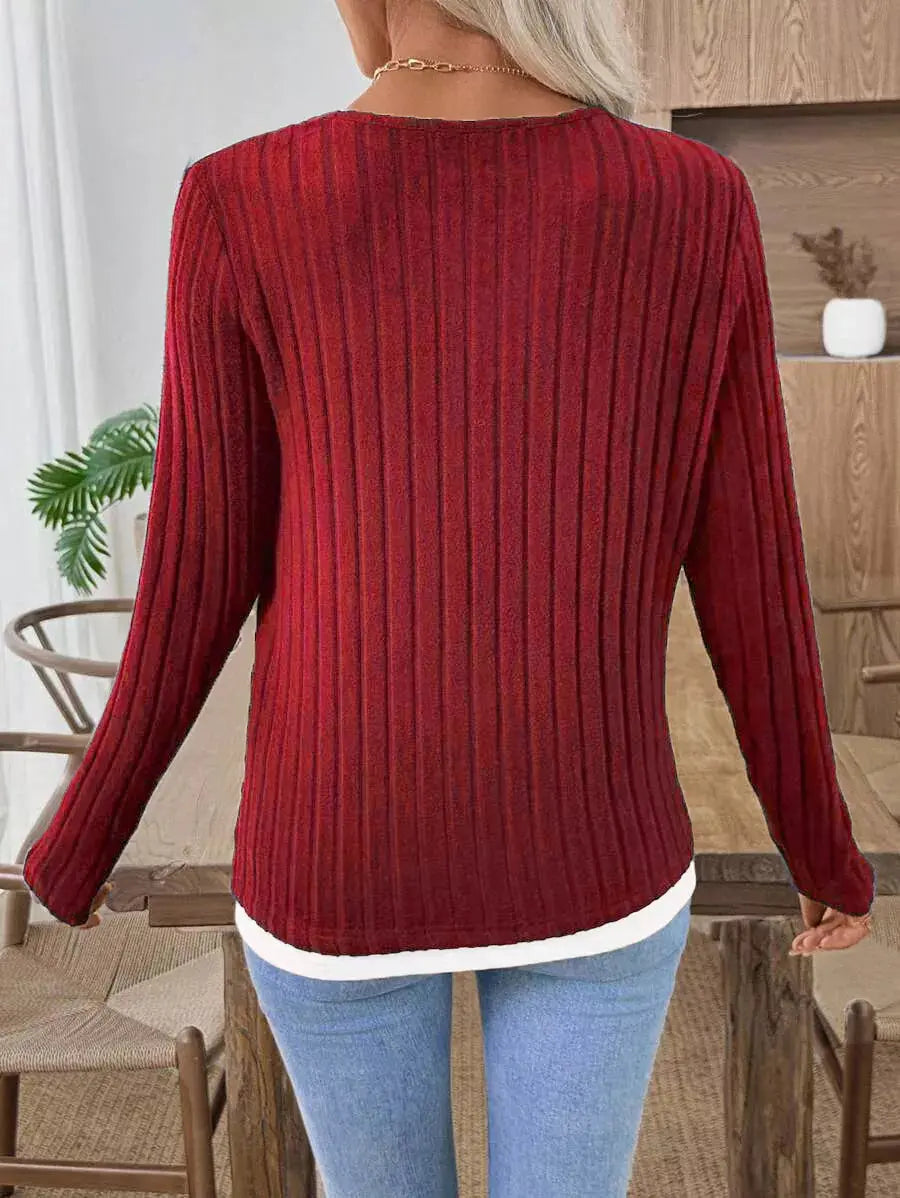 Ribbed Knit Long Sleeve Henley T-Shirt Simply Love