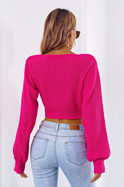 Bow V-Neck Long Sleeve Cropped Sweater.