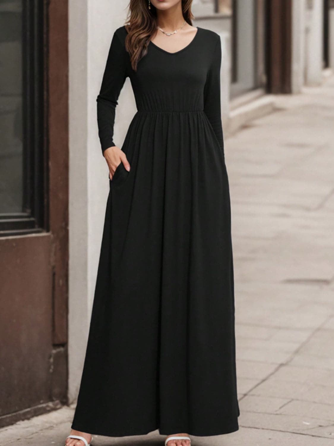 Pocketed V-Neck Long Sleeve Maxi Dress.