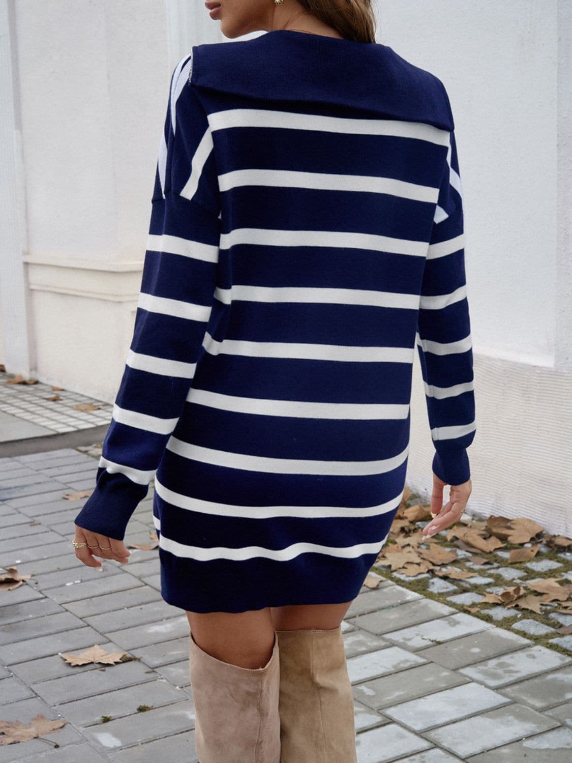 Chic quarter zip striped sweater dress with long sleeves