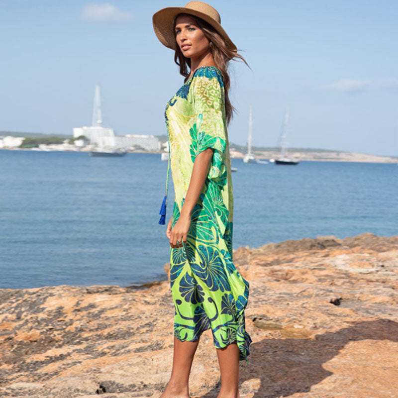 Rayon Positioning Printing Bikini Cover Up Robe Vacation Beach Dress Swimsuit Blouse Women Bella Mia