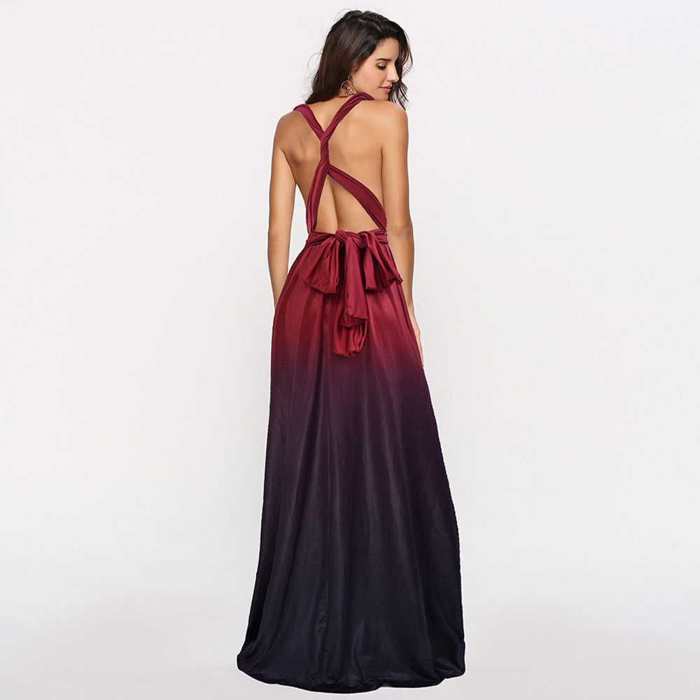 Wear More Wear Criss Cross Backless Sexy Lace-up Gradient Color Maxi Dress Bella Mia