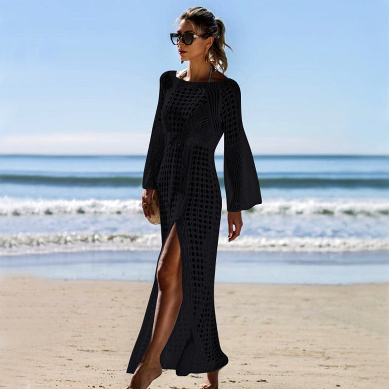 Sexy Cutout Knitted Beach Dress Long Sleeve Split Vacation Dress Swimsuit Blouse Sun Protection Clothing Crochet hook Bella Mia