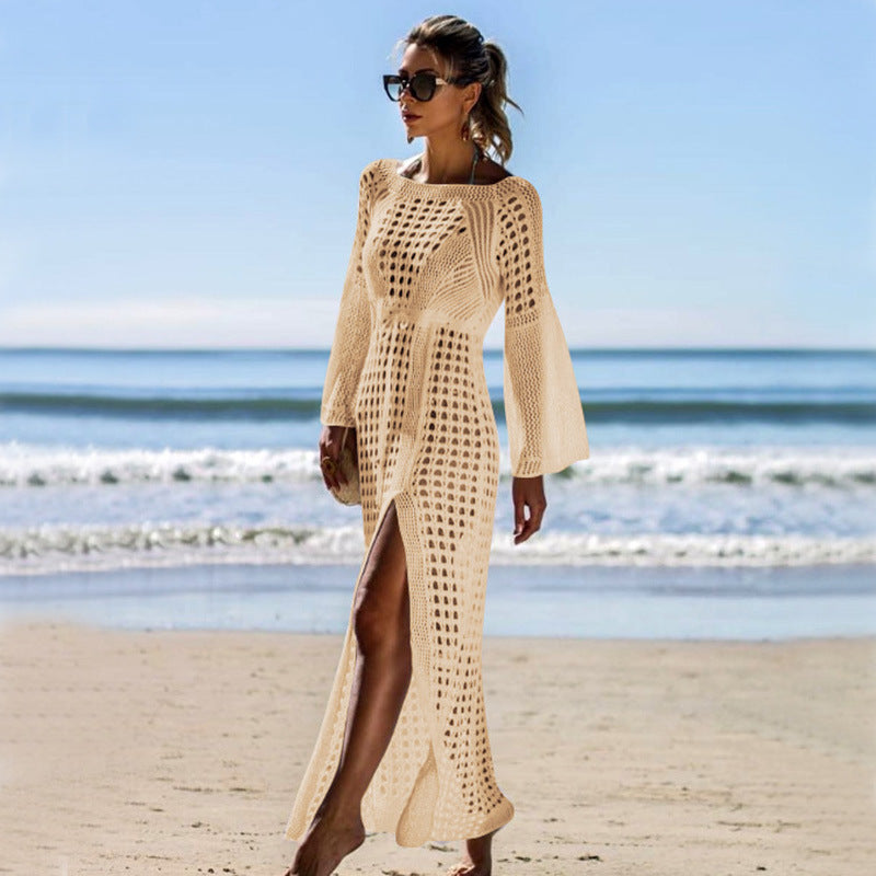Sexy Cutout Knitted Beach Dress Long Sleeve Split Vacation Dress Swimsuit Blouse Sun Protection Clothing Crochet hook Bella Mia