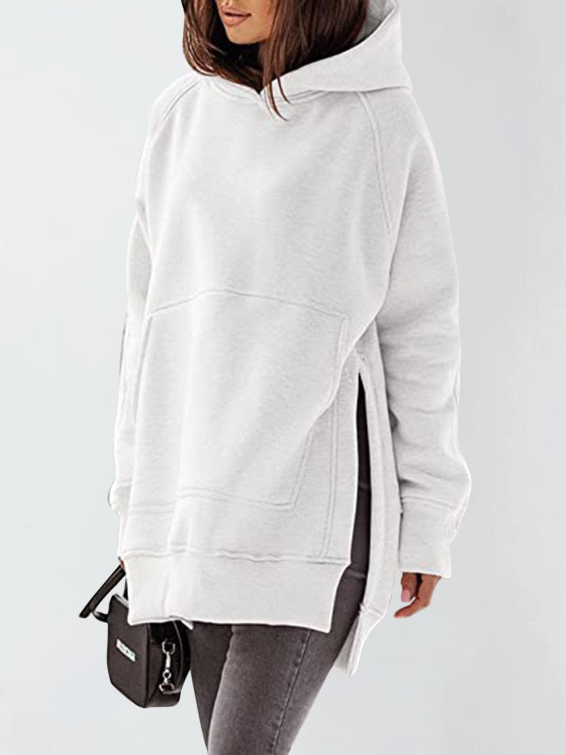 Slit Pocketed Raglan Sleeve Hoodie.