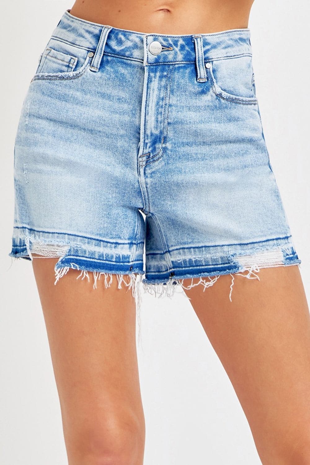 RISEN High Rise Distressed Hem Denim Shorts.