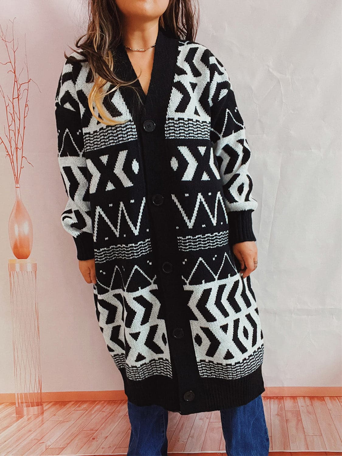 Geometric Button Front Longline Cardigan.