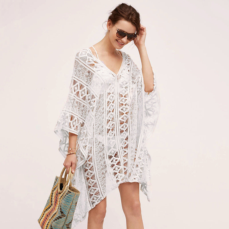 Cotton Hollow Out Cutout Sweater Spring Vacation Loose Bikini Cover Up Swimsuit Blouse Beach Sun Protection Clothing Crochet hook Bella Mia