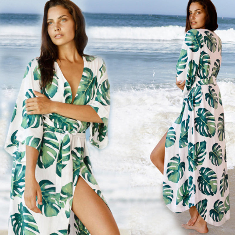 Rayon Japanese Banana Leaf Loose Sunscreen Clothes Beach Cover-up Bikini Jacket Swimsuit Outwear Women Cardigan Bella Mia