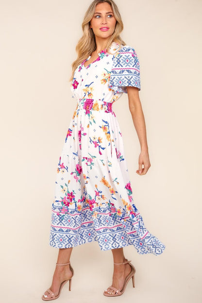 Haptics Printed Notched Short Sleeve Tiered Dress.