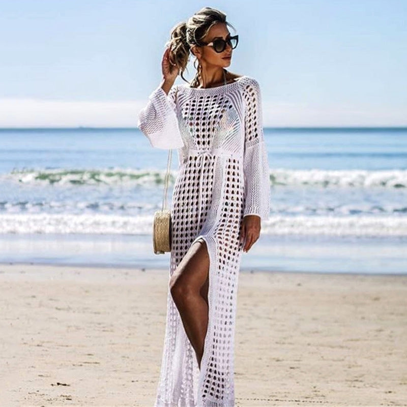 Sexy Cutout Knitted Beach Dress Long Sleeve Split Vacation Dress Swimsuit Blouse Sun Protection Clothing Crochet hook Bella Mia