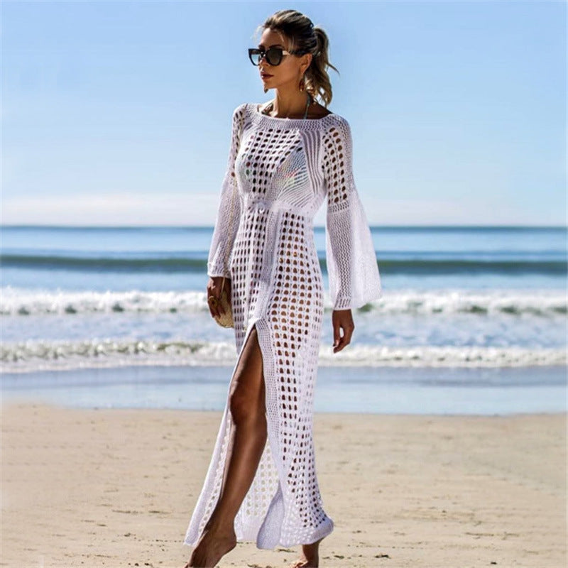 Sexy Cutout Knitted Beach Dress Long Sleeve Split Vacation Dress Swimsuit Blouse Sun Protection Clothing Crochet hook Bella Mia
