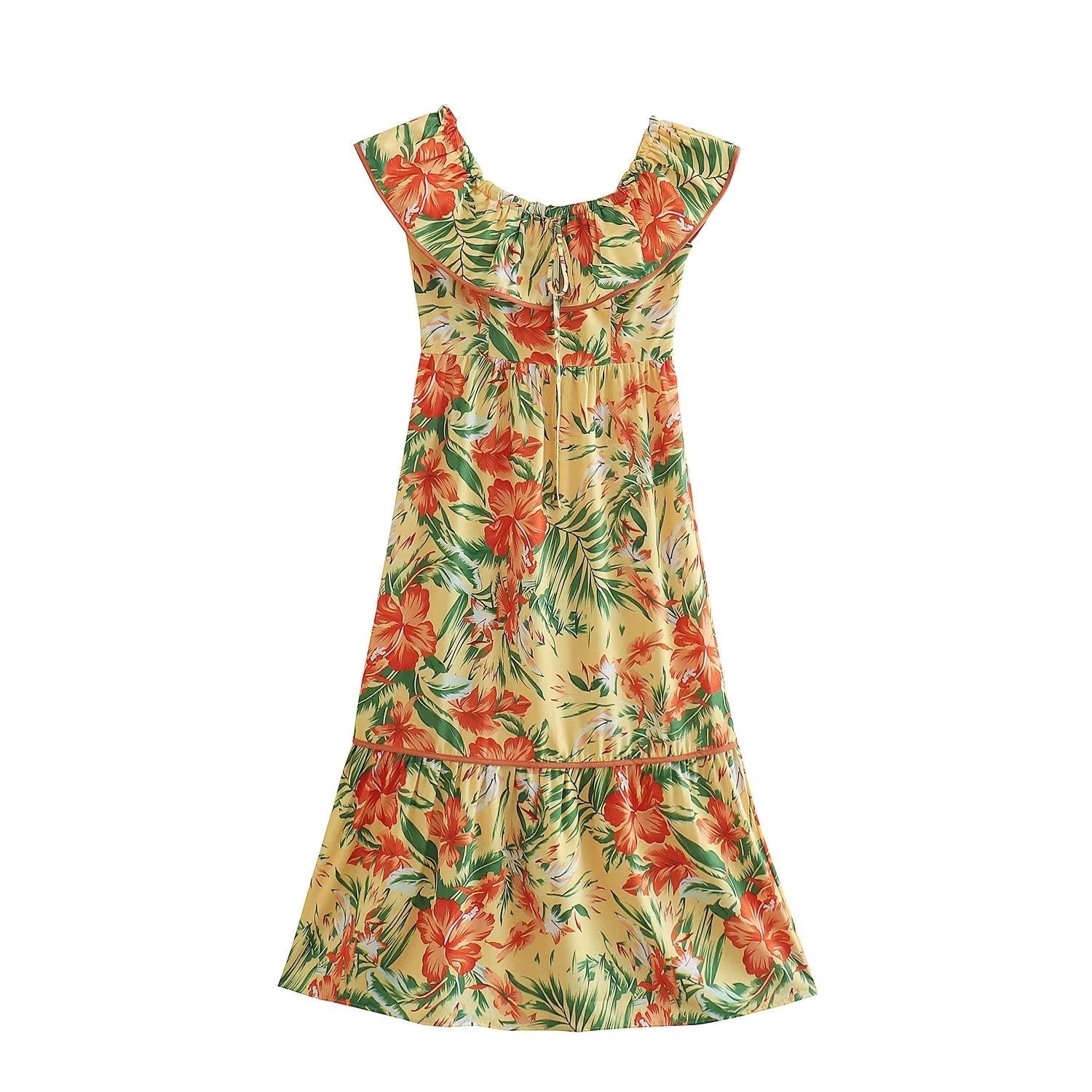 Women Clothing French High Waist Slimming Two Way Lace Chiffon Printed Dress Bella Mia