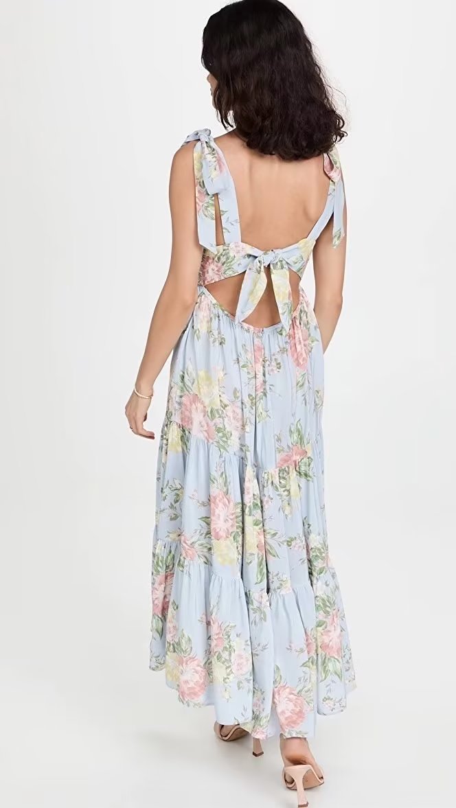 Women Clothing French High Waist Slimming Printed Backless Lace up Back Bow Tie Dress Bella Mia