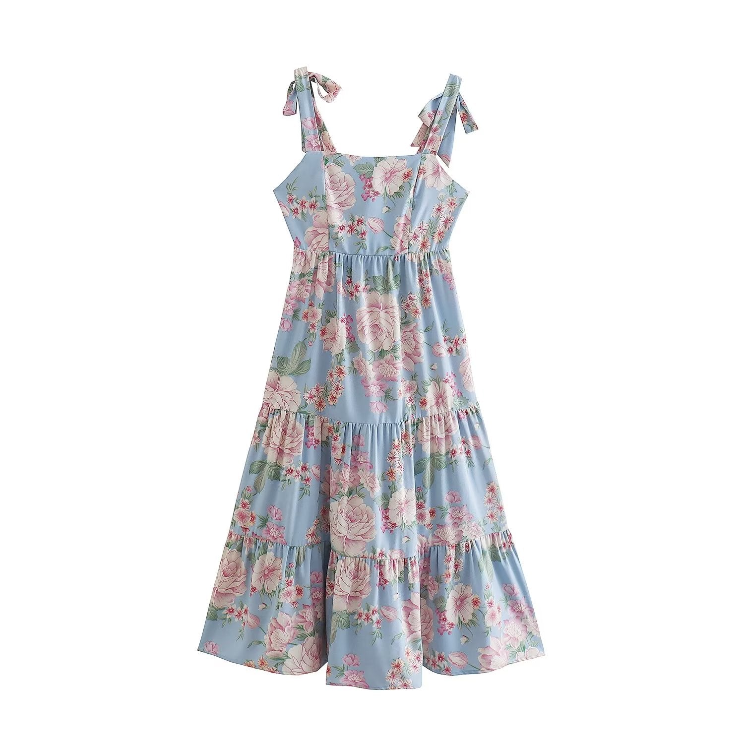 Women Clothing French High Waist Slimming Printed Backless Lace up Back Bow Tie Dress Bella Mia