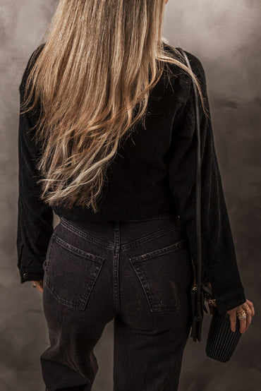 Cozy black corduroy crop jacket with fleece lining and button-up closure