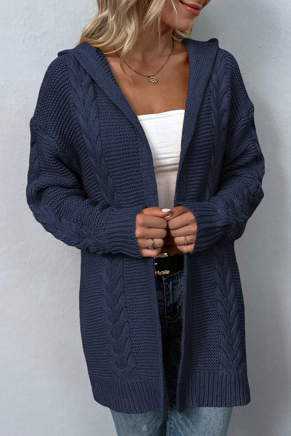 Cable-Knit Dropped Shoulder Hooded Cardigan.