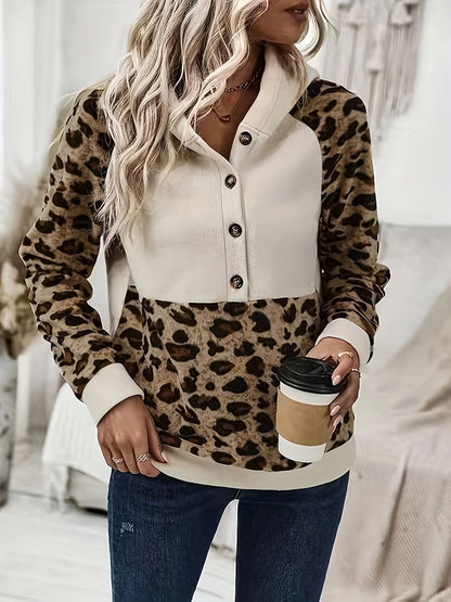 Leopard Half Button Long Sleeve Hoodie