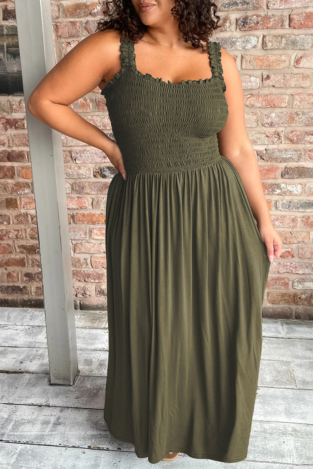 Flattering jungle green sleeveless plus size maxi dress with shirred bust