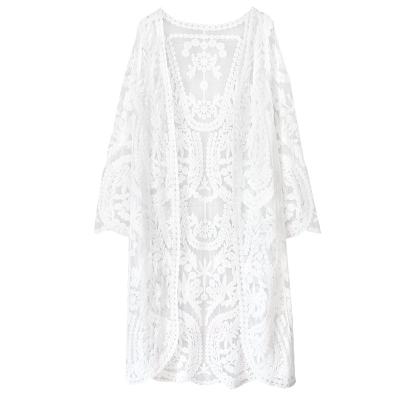 Mesh Swimsuit See through Long Outer Match Sun Protection Clothing Lace Embroidered Cardigan Beach Bikini Beach Jacket Women Bella Mia