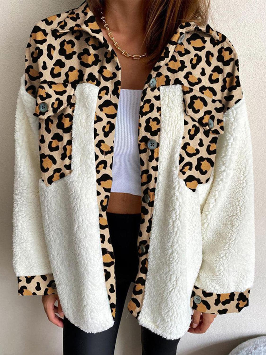 Fuzzy Button Up Long Sleeve Jacket.