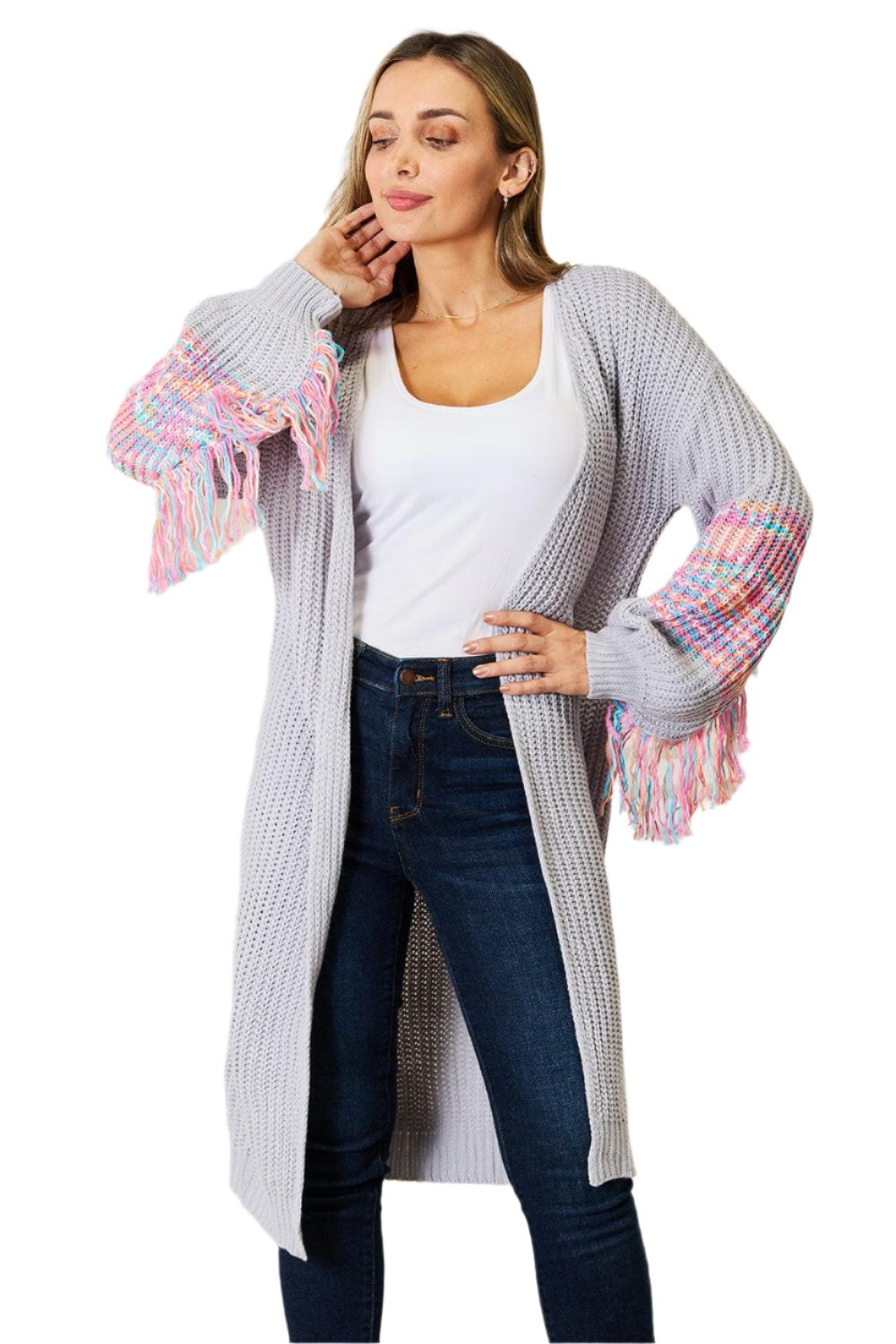 Fringe sleeve cardigan with dropped shoulder design in light gray knit.