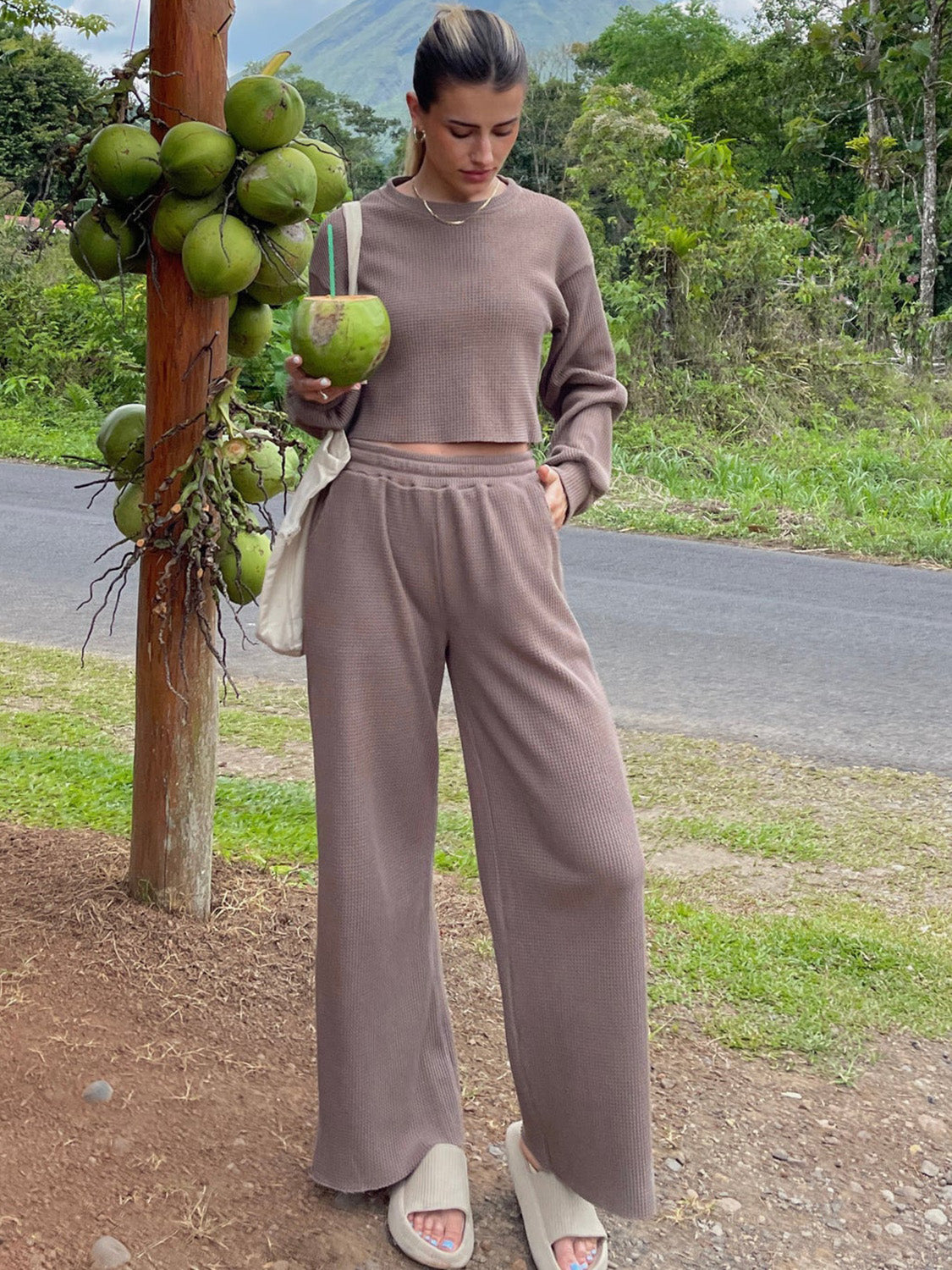 Waffle-Knit Round Neck Top and Pants Set Coco’s Tee Boutique