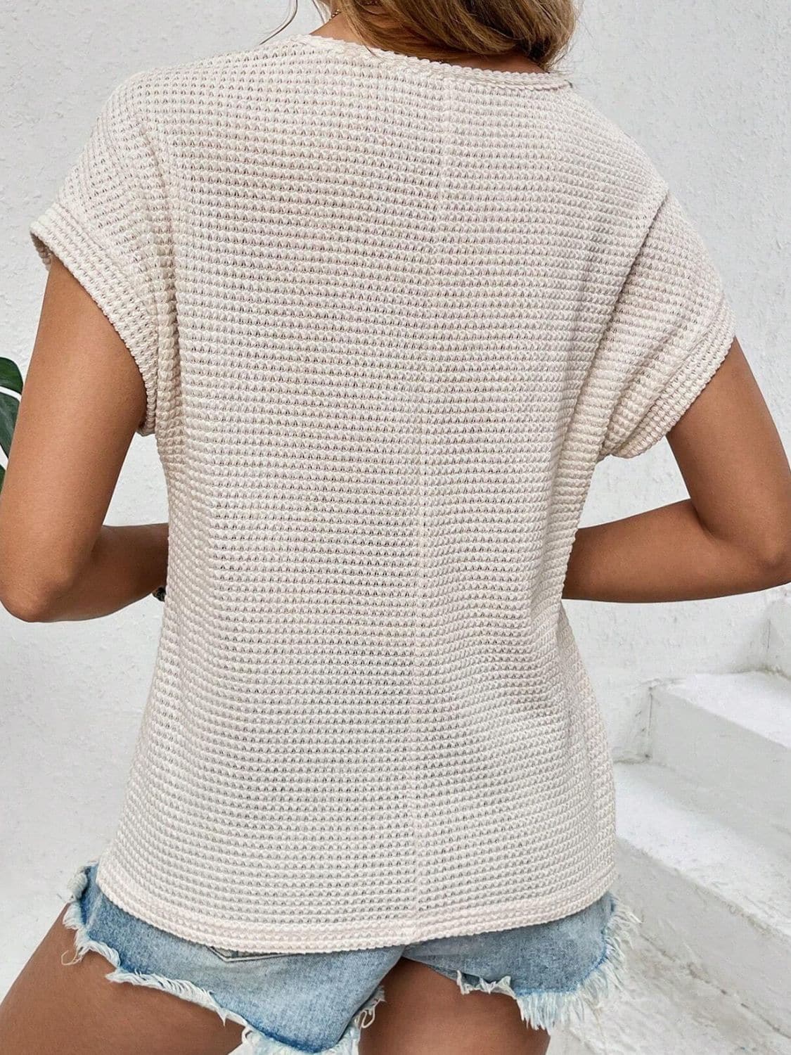 Waffle-Knit Round Neck Short Sleeve Top.