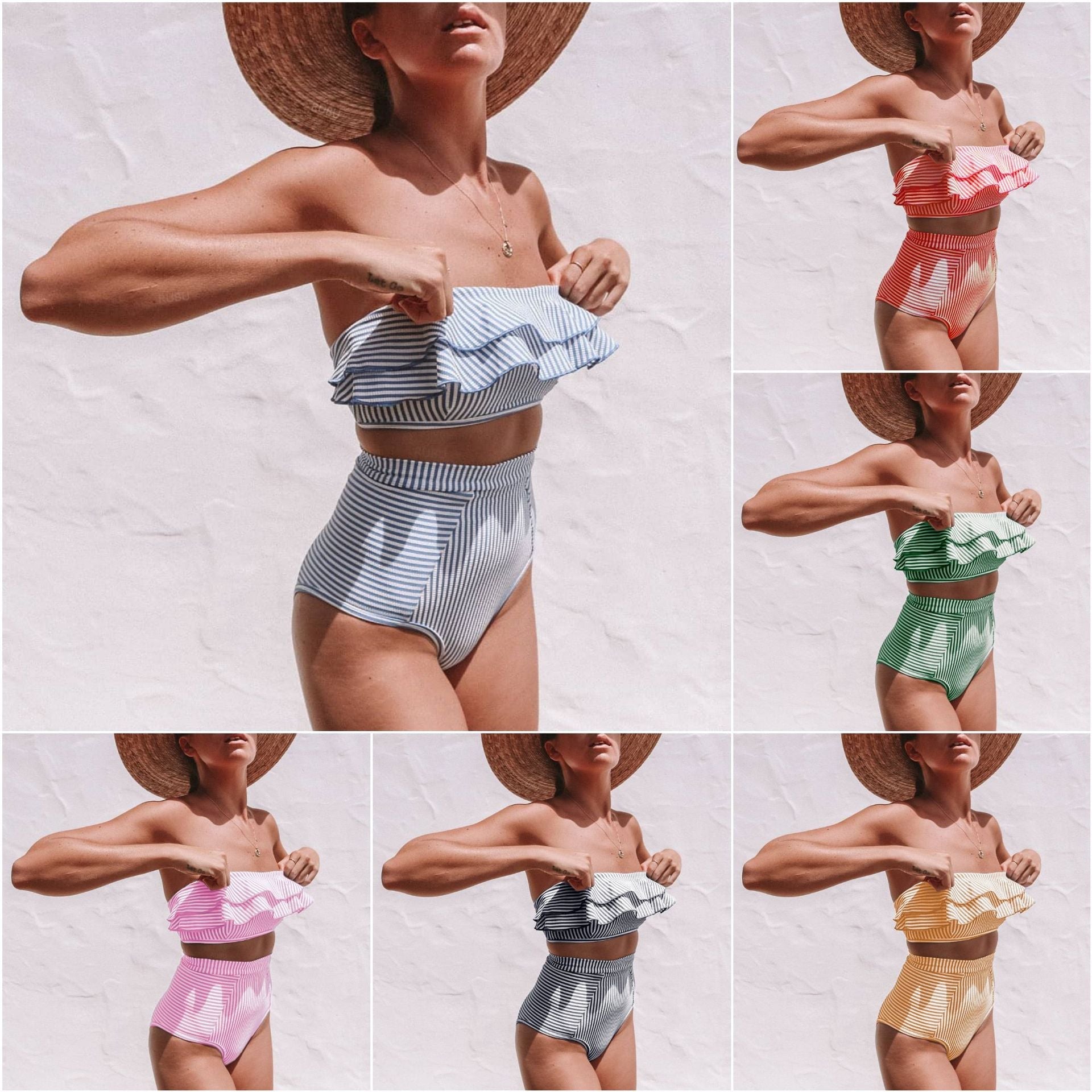 Women Seperated Swimwear Irregular Asymmetric Striped Flounce High Waist Bikini Swimsuit Bella Mia