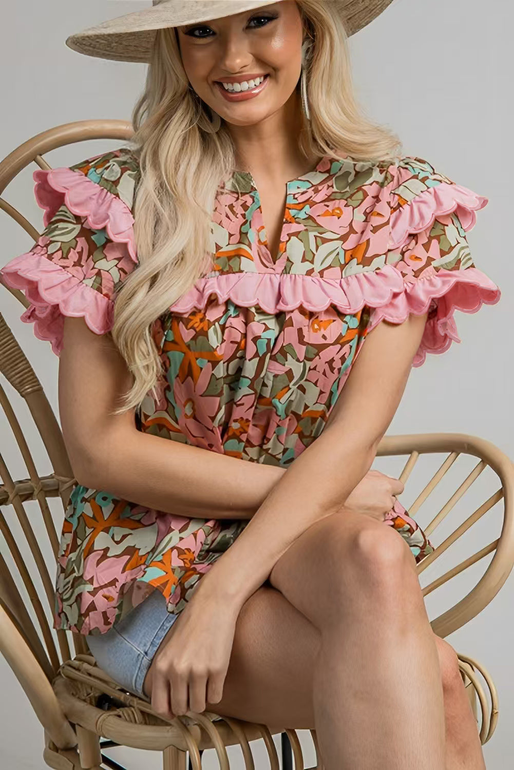 Multicolour Floral Tiered Ruffled Short Sleeve Blouse for Women