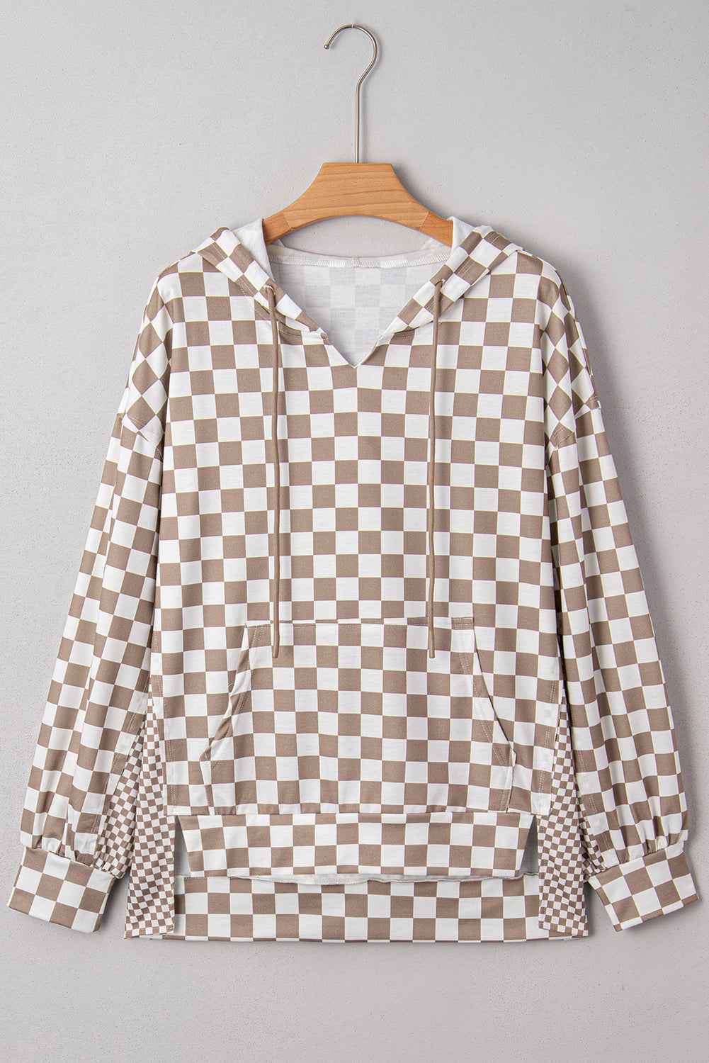 Khaki Double Checkered Patchwork Tie Neck Oversize Hoodie Dear-Lover Dropshipping