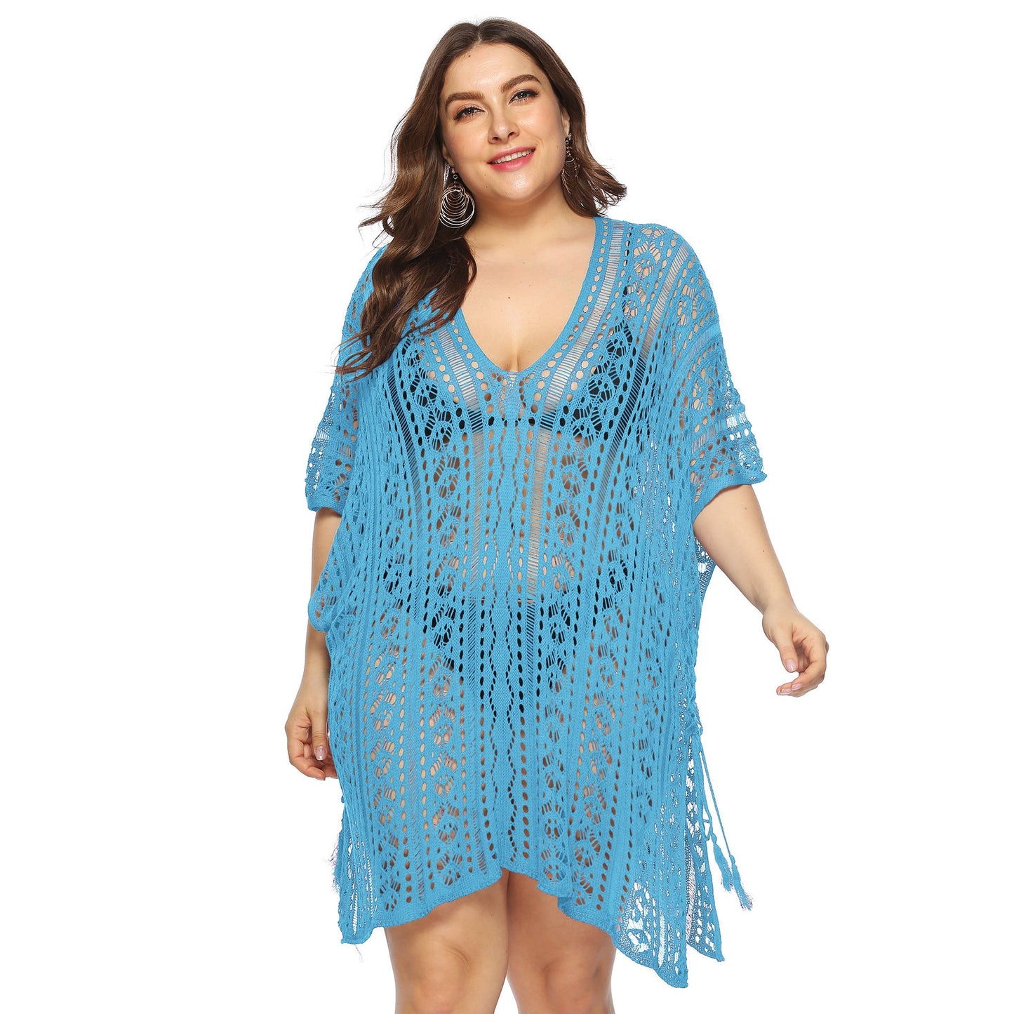 Women Clothing Sexy See through Hollow Out Cutout Batwing Sleeve V neck Irregular Asymmetric Slit Beach Cover up Dress Women