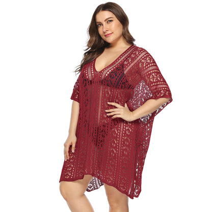 Women Clothing Sexy See through Hollow Out Cutout Batwing Sleeve V neck Irregular Asymmetric Slit Beach Cover up Dress Women