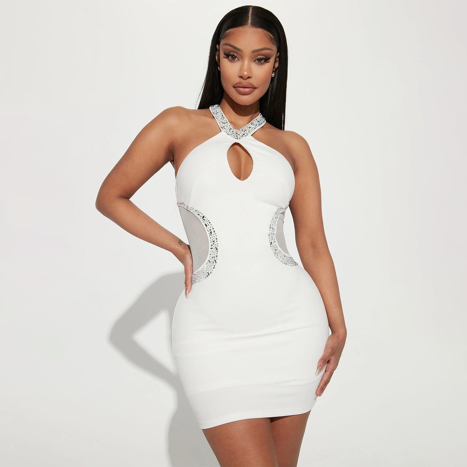 Summer Women Clothing Sexy Tight Hollow Out Cutout Rhinestone Halter Dress for Women Bella Mia