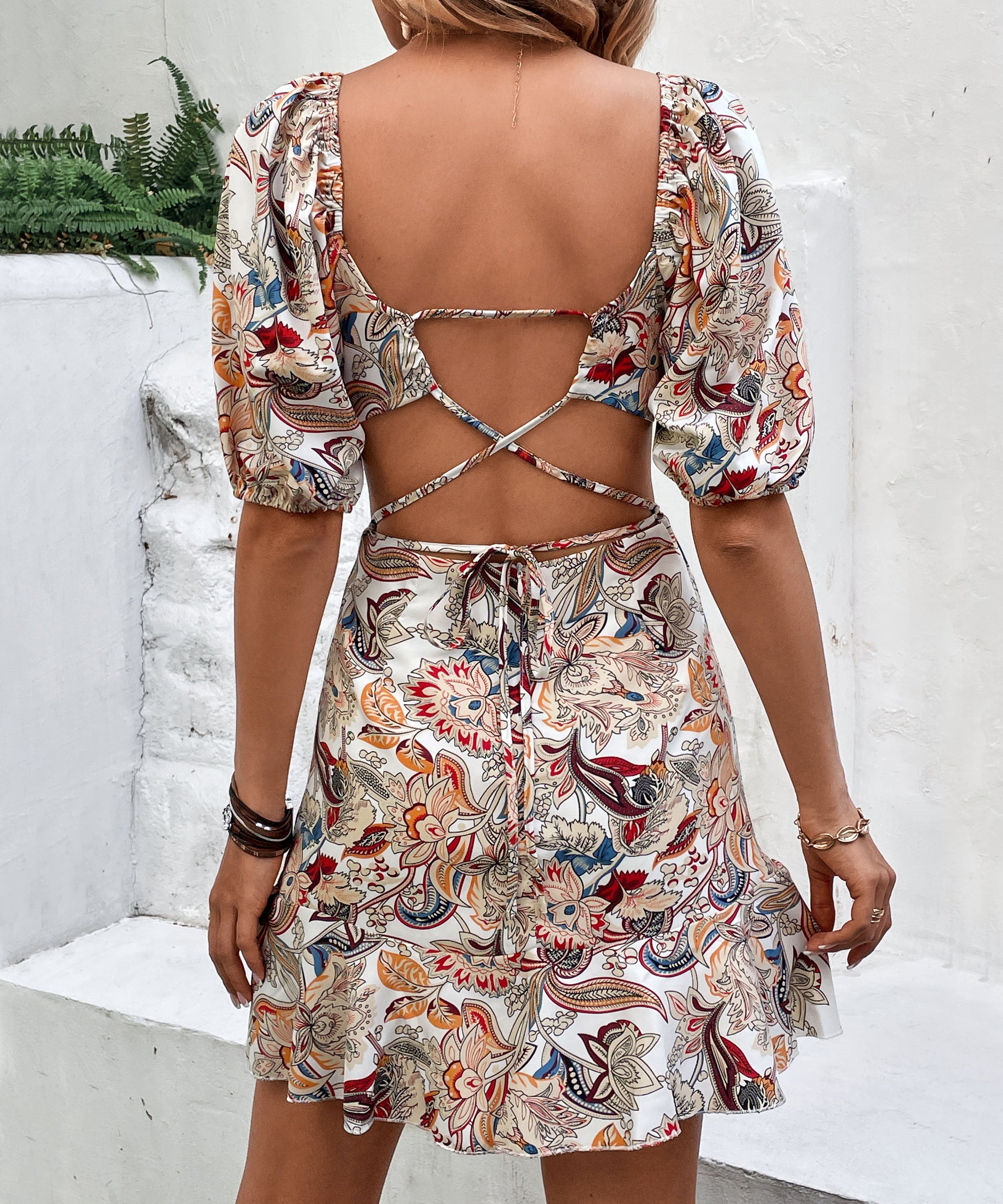 Summer Women Lace up Sexy Cutout Backless Print Dress Bella Mia