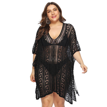 Women Clothing Sexy See through Hollow Out Cutout Batwing Sleeve V neck Irregular Asymmetric Slit Beach Cover up Dress Women