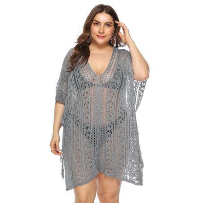 Women Clothing Sexy See through Hollow Out Cutout Batwing Sleeve V neck Irregular Asymmetric Slit Beach Cover up Dress Women