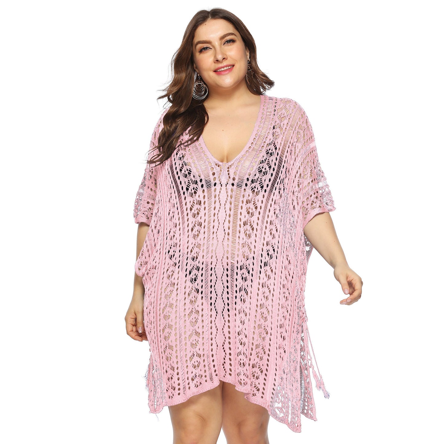 Women Clothing Sexy See through Hollow Out Cutout Batwing Sleeve V neck Irregular Asymmetric Slit Beach Cover up Dress Women