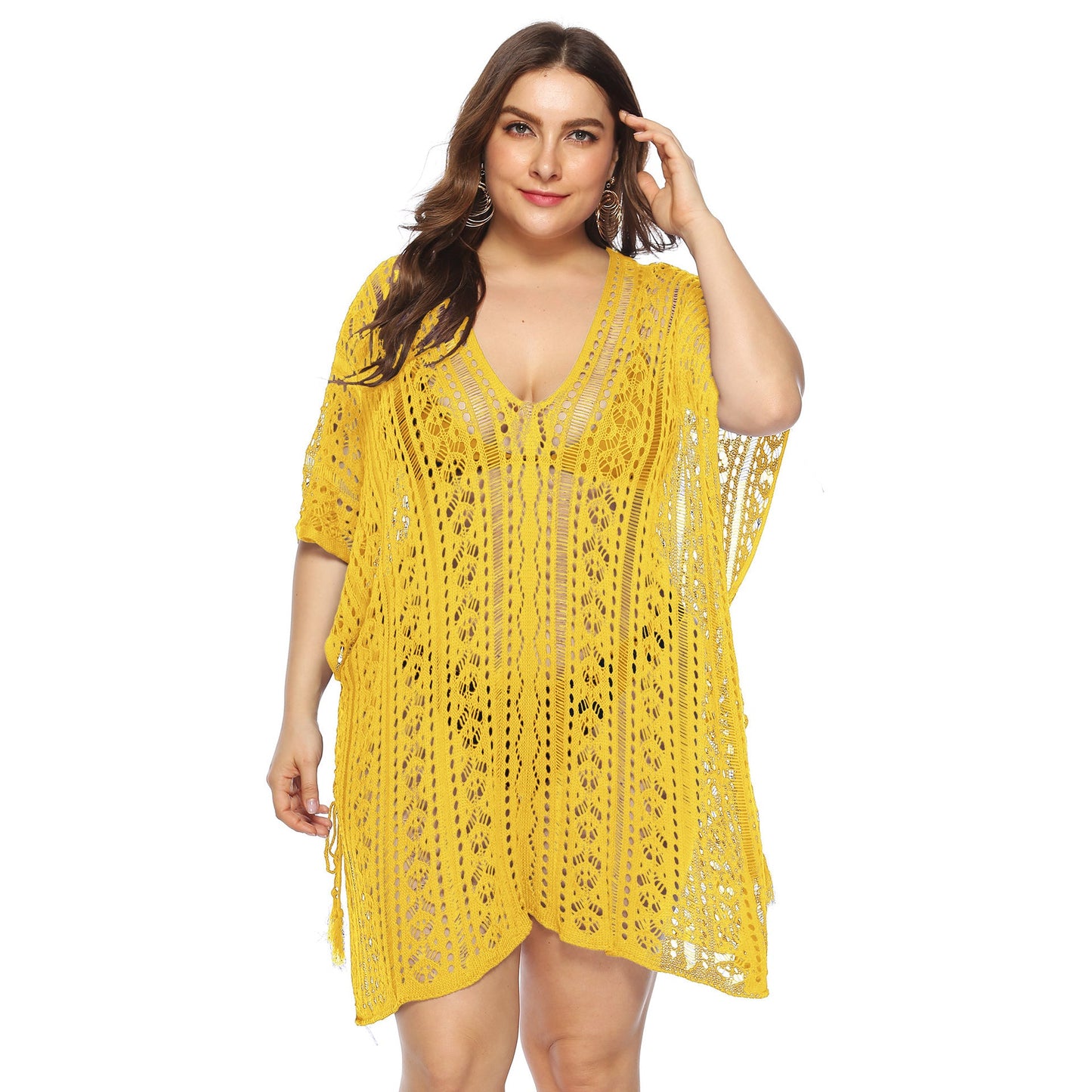 Women Clothing Sexy See through Hollow Out Cutout Batwing Sleeve V neck Irregular Asymmetric Slit Beach Cover up Dress Women