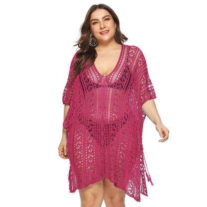 Women Clothing Sexy See through Hollow Out Cutout Batwing Sleeve V neck Irregular Asymmetric Slit Beach Cover up Dress Women