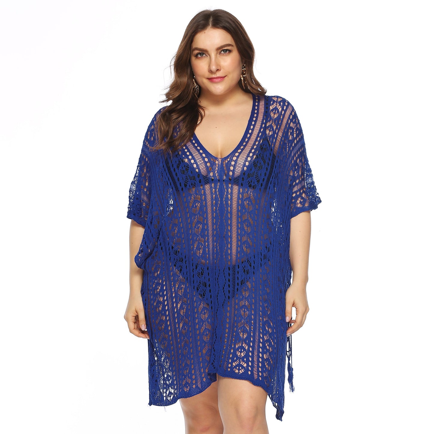 Women Clothing Sexy See through Hollow Out Cutout Batwing Sleeve V neck Irregular Asymmetric Slit Beach Cover up Dress Women
