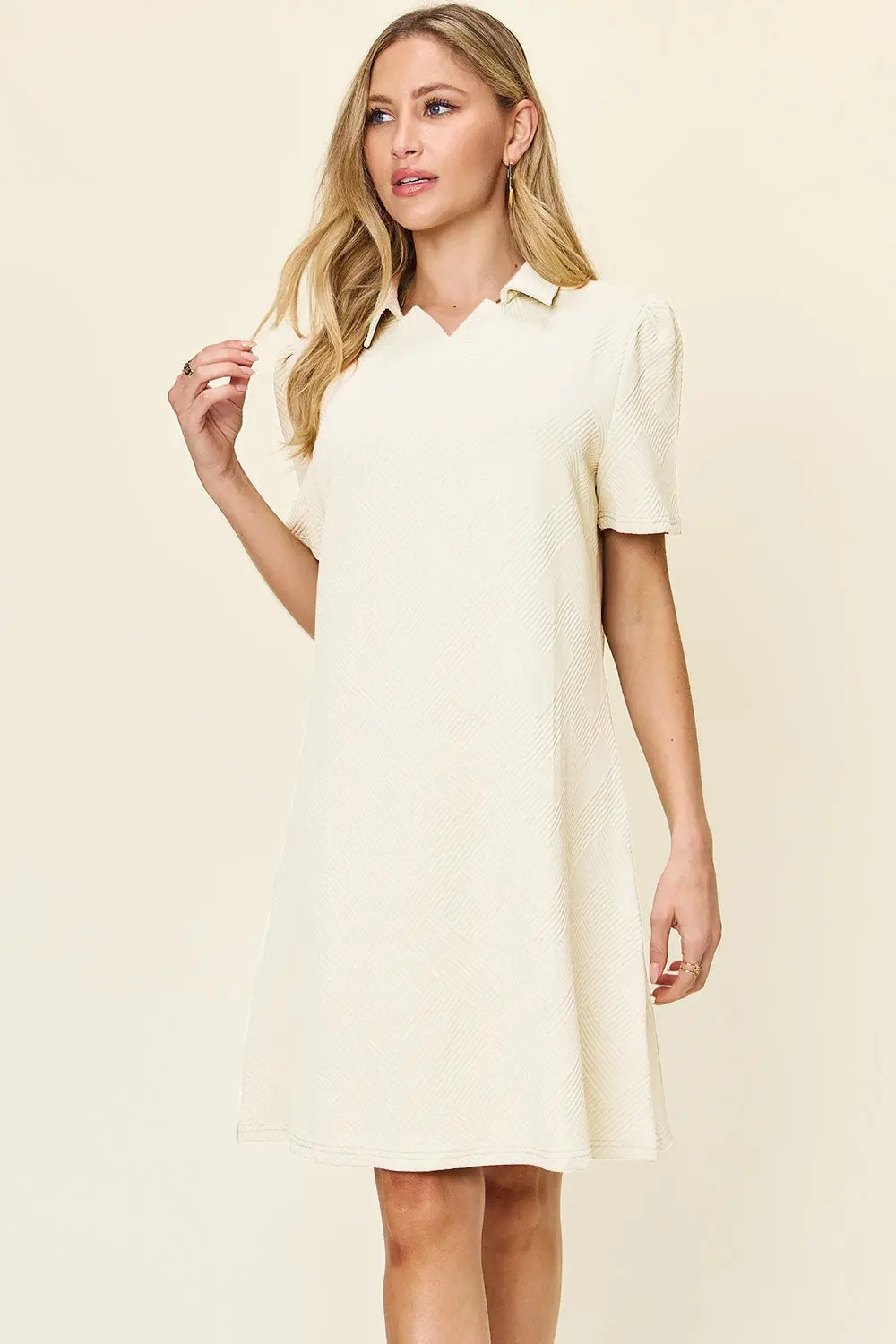 Double Take Full Size Texture Collared Neck Short Sleeve Dress - Love Salve